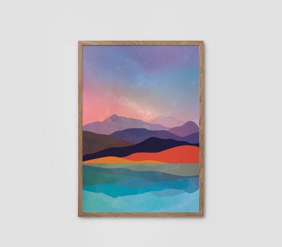 Mountains by the sea art print. Home decor for your home.