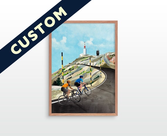 Personalized cycling art print. Ventoux climb - Great gift for cyclists couple.