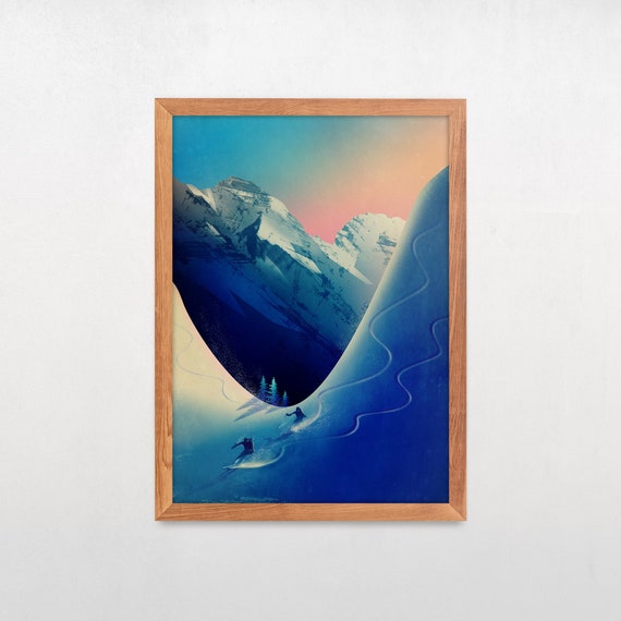 Ski touring couple fine art print. Skiers poster. Outdoor spirit wall decor.