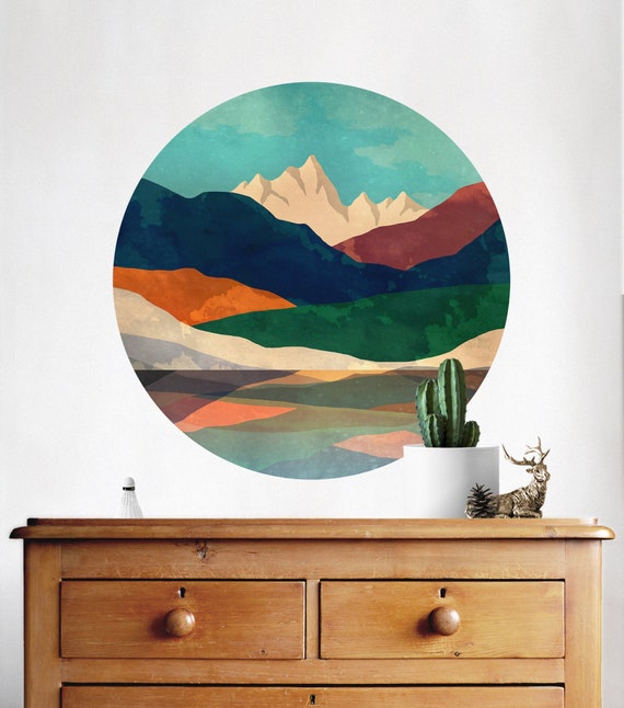 Mountain Lake wall art. Colorful Original art. Self adhesive, repositionable and removable fabric. Perfect decoration for your wall.