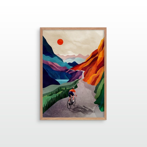 Cycling art print. Cycling high in the mountains.