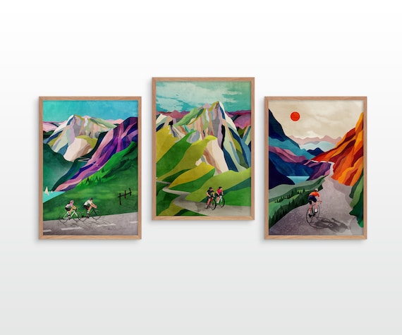 Set of 3 cycling in the Alps fine art prints. Set of three prints for lovers of cycling and outdoor fun.