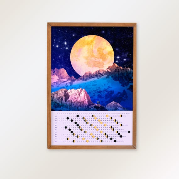 2027 Moon Phase Calendar: Hikers and moon Mountain Art, Personalized Location
