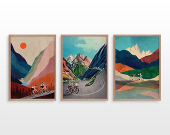 Cycling couple. Set of three cycling art prints.