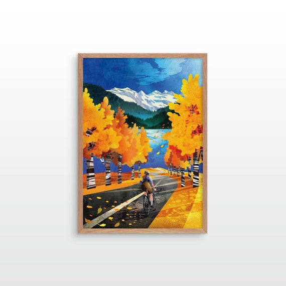 Colorful cycling art print. A female cyclist enjoys a descent on a warm autumn day. Perfect memory of your favourite ride.