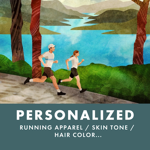Personalized runners art print. Trail running by the lake.