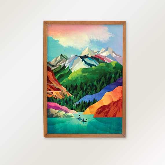 Kayaking couple art print. Colorful mountain landscape above the lake.