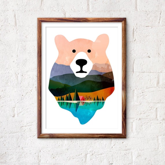 Bear art print. Camping poster. Landscape art print. Beautiful archival print for your wall.