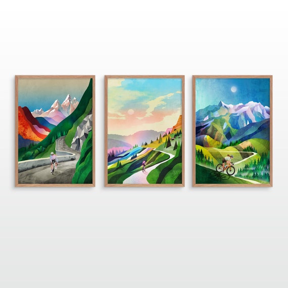 Cycling art print. Woman cyclist. Set of three art prints.