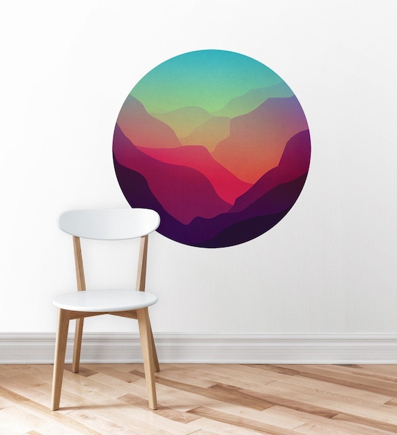 Mountain valley in sunset wall decal. Self-adhesive, repositionable, and removable fabric. Perfect home decoration for your wall.