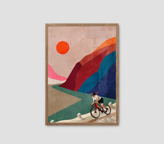 Cycling art print. Woman cyclist descending. Great gift for cyclists.