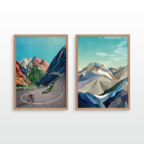 Set of two art prints. Cycling in summertime high in the mountains. A perfect set of decorative prints for your home.