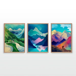 Set of three hike bike and kayak art prints.