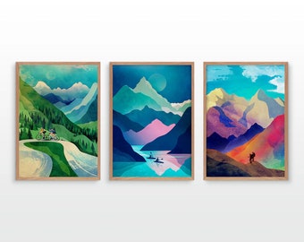 Set of three hike bike and kayak art prints.