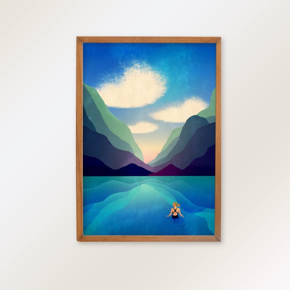 Wild Swimming in a Lake Art Print. Decor for outdoor lovers.