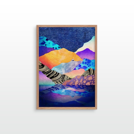 Landscape art print. Mountain art print. Winter by the lake.