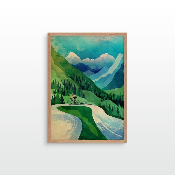 Cycling art print. Cyclist ascending in mountains. Surrounded with green forest and beautiful mountains.
