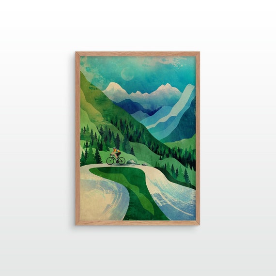 Cycling art print. Cyclist ascending in mountains. Surrounded with green forest and beautiful mountains.