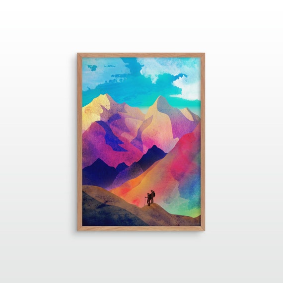 Hiking couple art print. Ideal print for decorating your home or office.