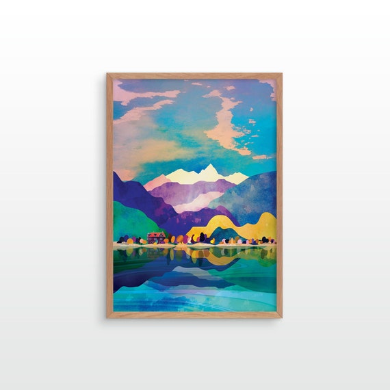 Landscape art print. House by the lake. Ideal print for decorating your home or office.