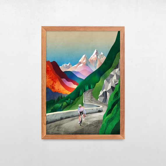 Fine art print of a woman cycling high in the mountains. Great gift for cyclists. A tribute to strong women riding bicycles.