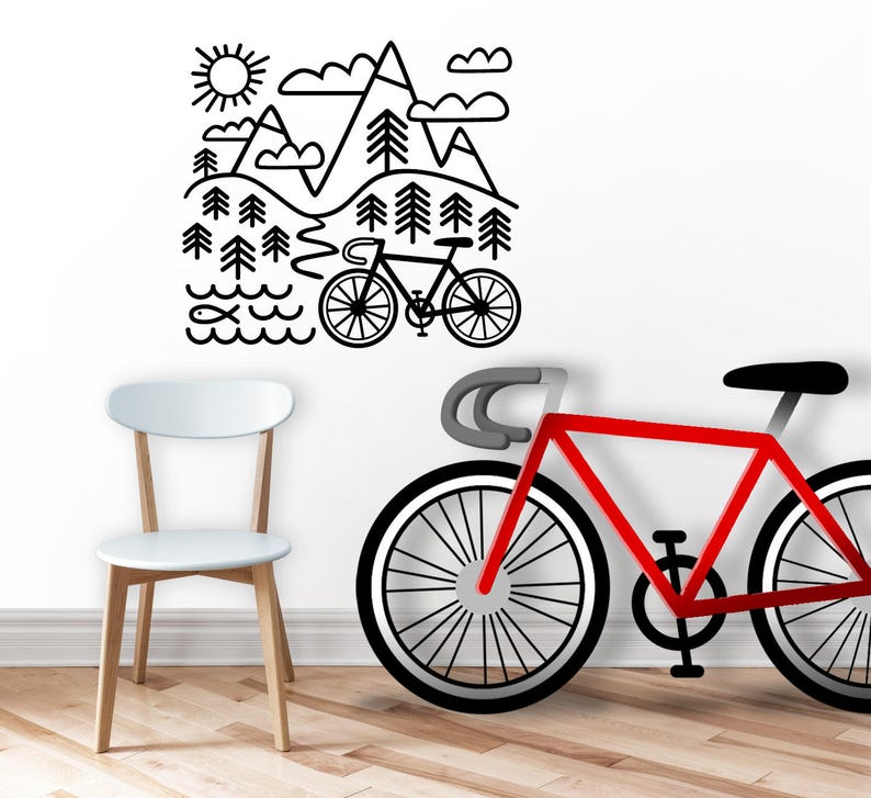 Wall decal Cycling sticker Mountains Bicycle and Mountains Wall sticker Bike sticker Gift for cyclist Bicycle decor