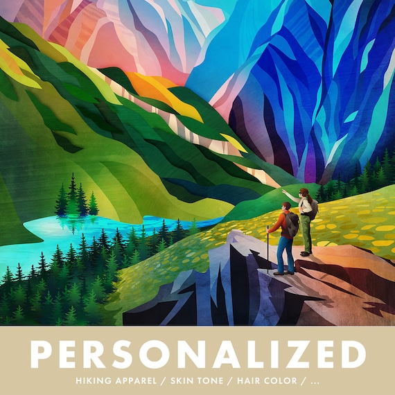 Personalized Hiking Art Print: Custom Couple Portrait, Gift for outdoor lovers