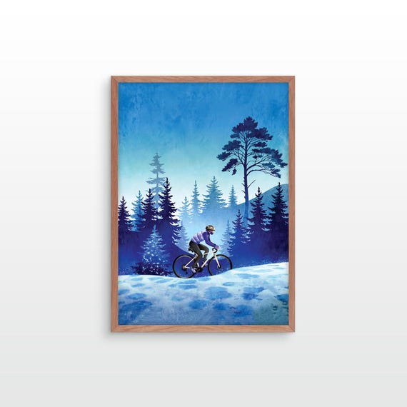 Woman cyclist fine art print. Winter ride in the forest.