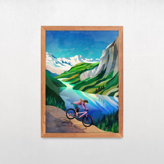 Woman riding mountain bike fine art print. MTB ride.