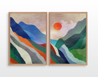 Set of two landscape art prints. Mist under Mountains.