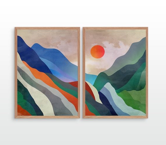 Set of two landscape art prints. Mist under Mountains.