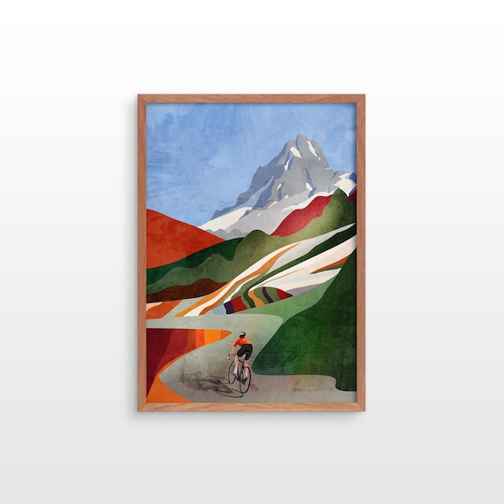 Cycling art print. Cycling below high peaks.