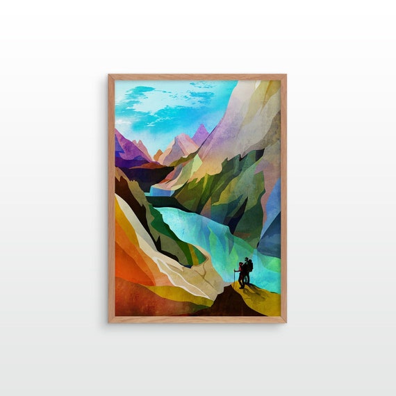 Hiking art print. Couple over Canyon. Ideal print for decorating your home or office.