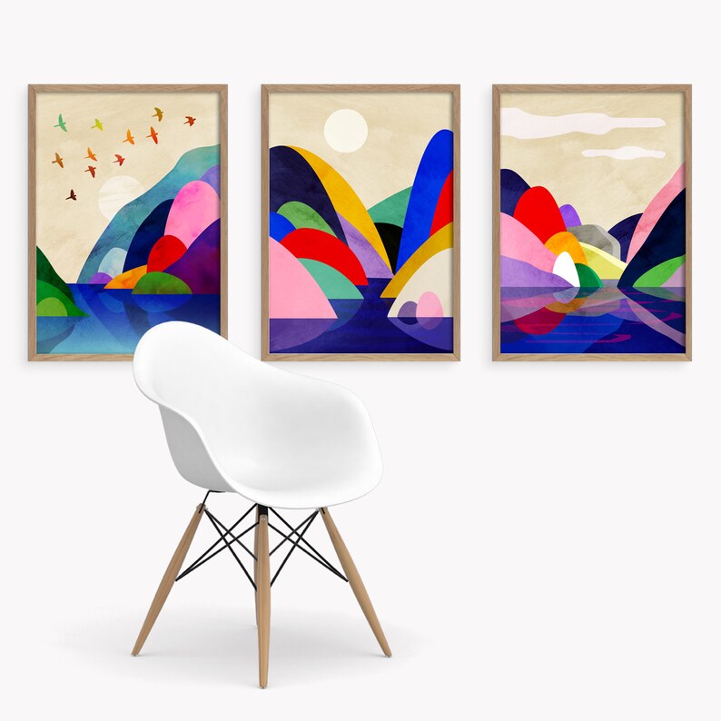 Set of three landscape prints.Original illustration.For home Etsy