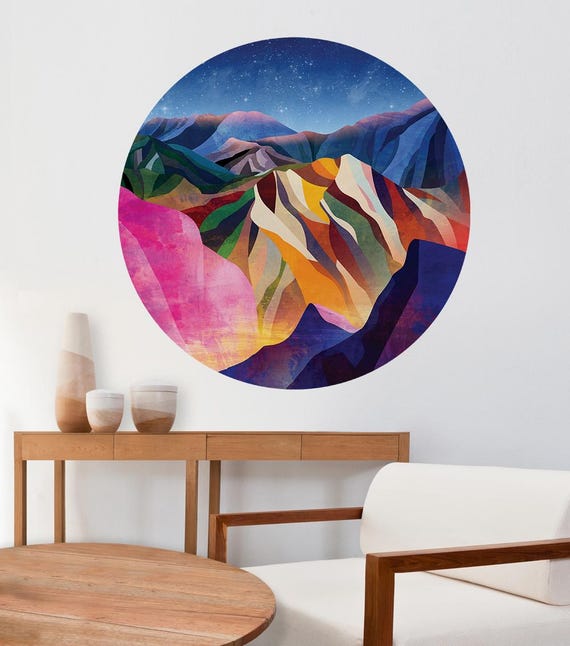 Starry night in the mountains wall decal. Self-adhesive, repositionable and removable fabric.