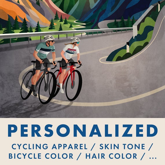 Personalized set of three cycling art prints. The best gift for cycling couple.