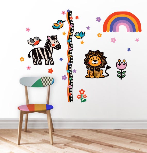 Growth chart ruler. Lion and Zebra. Kids room wall decor. Self-adhesive, repositionable, and removable fabric