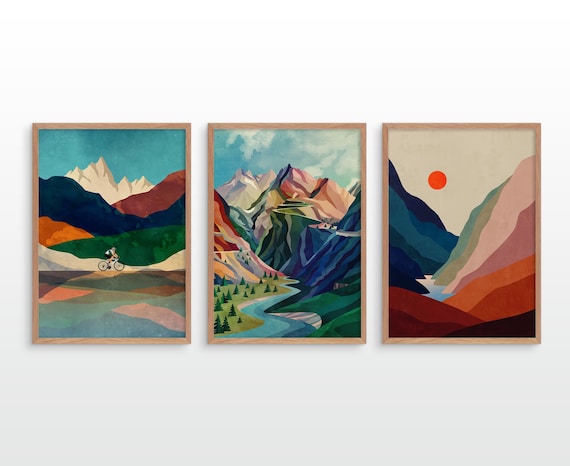 Set of three fine art prints for cyclists and outdoor lovers. Decoration for your home.