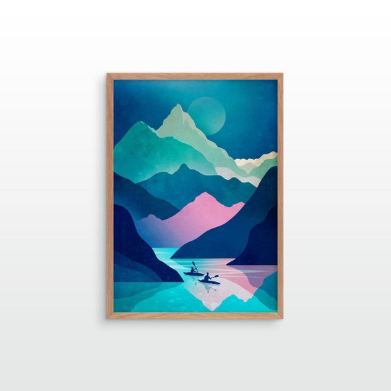Kayaking art print. Kayak, lake and mountains. Perfect wall decoration for your home.