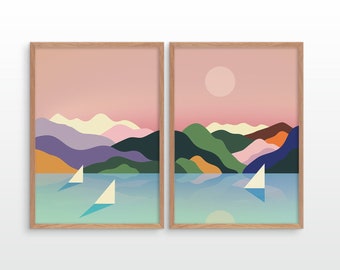 Sailing. Set of 2 Art prints. Mountains and ocean Illustration.