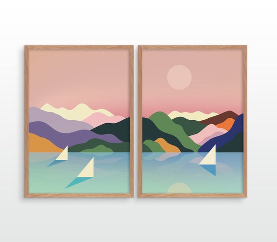 Sailing. Set of 2 Art prints. Mountains and ocean Illustration.