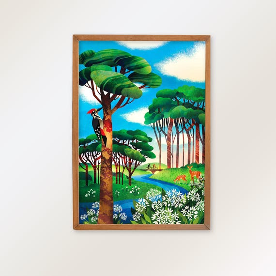 Cycling Couple Art Print: Cyclists, Green forest and wild animals