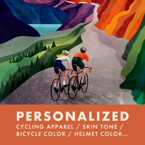 Personalized cycling art print. Best gift for a cycling couple.