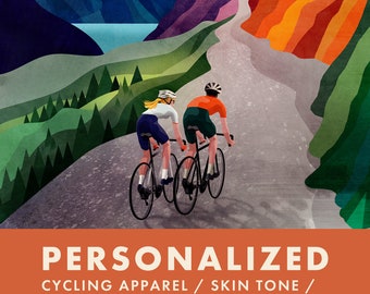 Personalized cycling art print. Best gift for a cycling couple.