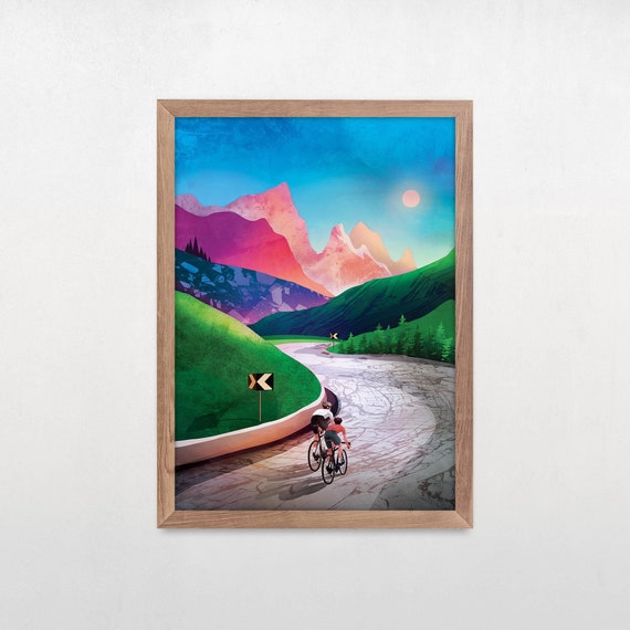 Cycling fine art print. Friends cyling over a mountain pass.