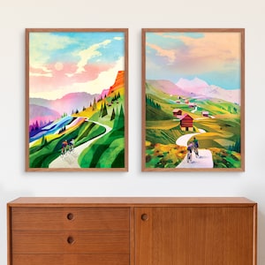 Set of two colorful cycling art prints.