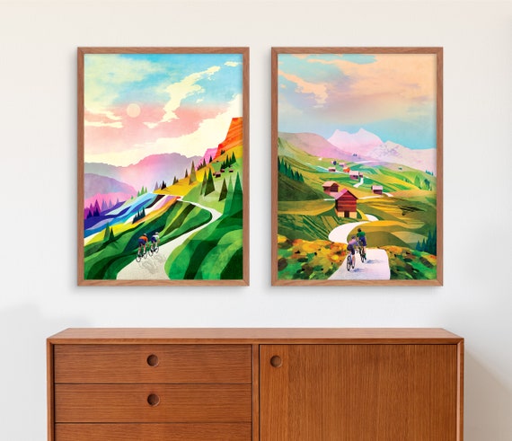 Set of two colorful cycling art prints.