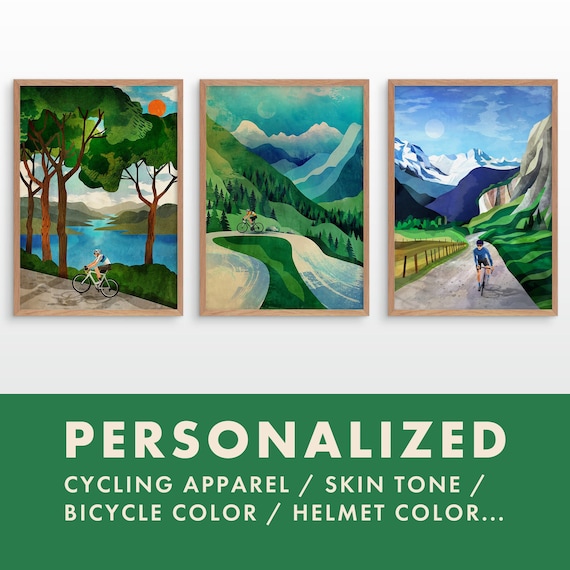 Personalized set of three cycling art prints. Green landscapes.