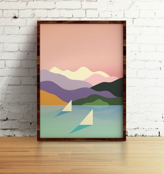 Sailing. Art print. Mountains and ocean Illustration.