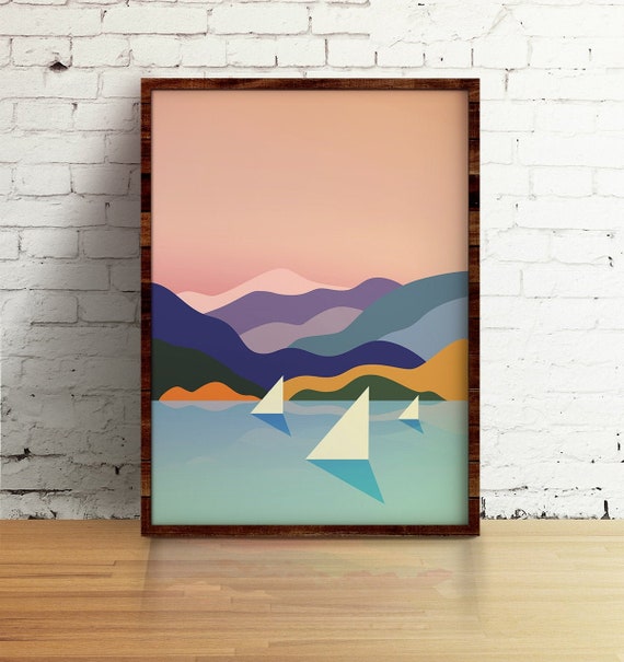 Sailing. Art print. Mountains and ocean Illustration. Minimalist home decor.